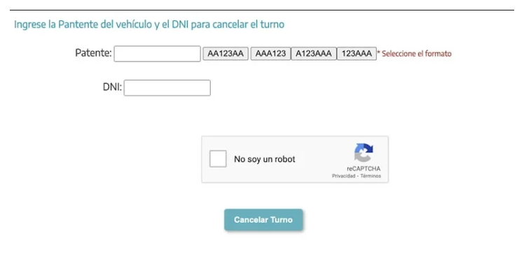 Pantalla para cancelar el turno de la VTV en Ituzaingó con patente y DNI